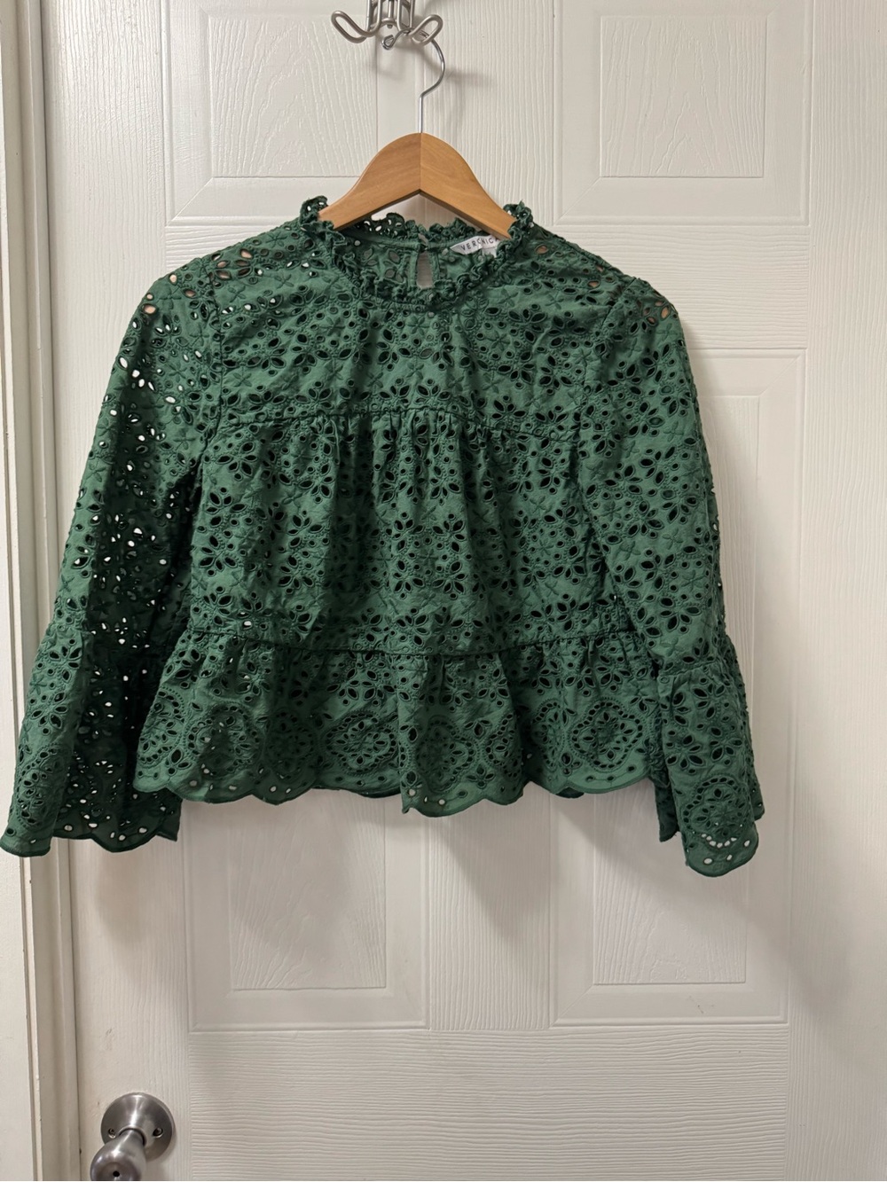 Veronica Beard Forest Green Eyelet Peplum Blouse